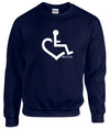 Navy crewneck sweatshirt. Our trademarked International Symbol of Acceptance ("wheelchair heart symbol") is boldly displayed over your heart.