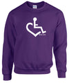 Purple crewneck sweatshirt. Our trademarked International Symbol of Acceptance ("wheelchair heart symbol") is boldly displayed over your heart.