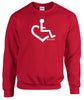 Red crewneck sweatshirt. Our trademarked International Symbol of Acceptance ("wheelchair heart symbol") is boldly displayed over your heart.