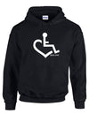 Black hooded pullover. Our trademarked International Symbol of Acceptance ("wheelchair heart symbol") boldly displayed over your heart.