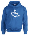 Royal blue hooded pullover. Our trademarked International Symbol of Acceptance ("wheelchair heart symbol") boldly displayed over your heart.