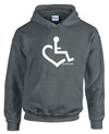 Charcoal hooded pullover. Our trademarked International Symbol of Acceptance ("wheelchair heart symbol") boldly displayed over your heart.