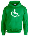 Irish green hooded pullover. Our trademarked International Symbol of Acceptance ("wheelchair heart symbol") boldly displayed over your heart.
