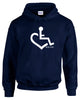 Navy hooded pullover. Our trademarked International Symbol of Acceptance ("wheelchair heart symbol") boldly displayed over your heart.