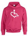 Pink hooded pullover. Our trademarked International Symbol of Acceptance ("wheelchair heart symbol") boldly displayed over your heart.