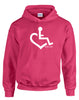 Pink hooded pullover. Our trademarked International Symbol of Acceptance ("wheelchair heart symbol") boldly displayed over your heart.