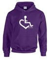 Purple hooded pullover. Our trademarked International Symbol of Acceptance ("wheelchair heart symbol") boldly displayed over your heart.