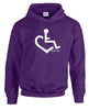 Purple hooded pullover. Our trademarked International Symbol of Acceptance ("wheelchair heart symbol") boldly displayed over your heart.