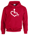 Red hooded pullover. Our trademarked International Symbol of Acceptance ("wheelchair heart symbol") boldly displayed over your heart.