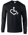 Black long-sleeve. Our trademarked International Symbol of Acceptance ("wheelchair heart symbol") boldly displayed over your heart.