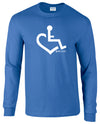 Royal blue long-sleeve. Our trademarked International Symbol of Acceptance ("wheelchair heart symbol") boldly displayed over your heart.