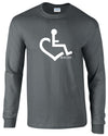 Charcoal long-sleeve. Our trademarked International Symbol of Acceptance ("wheelchair heart symbol") boldly displayed over your heart.