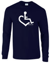 Navy long-sleeve. Our trademarked International Symbol of Acceptance ("wheelchair heart symbol") boldly displayed over your heart.