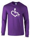 Purple long-sleeve. Our trademarked International Symbol of Acceptance ("wheelchair heart symbol") boldly displayed over your heart.