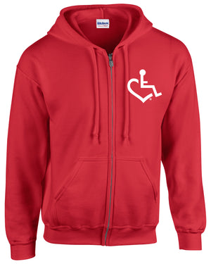 Red Heart Hooded Zip-Up. Tell everyone that you embrace and love life. Spread the conversation of social acceptance of disability with this hooded pullover!. Our trademarked International Symbol of Acceptance ("wheelchair heart symbol") boldly displayed over your heart.