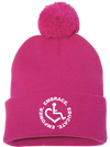 Pink adult knit beanie hat w/ cuff and pom featuring our Circle of 3E Love embroidered with white threads