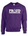 Purple crewneck sweatshirt. Our trademarked International Symbol of Acceptance ("wheelchair heart symbol") replaces the O in the word PROUD boldly displayed on your chest.