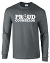 Charcoal long sleeve t-shirt. Our trademarked International Symbol of Acceptance ("wheelchair heart symbol") replaces the O in the word PROUD boldly displayed on your chest.