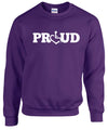Purple crewneck sweatshirt. Our trademarked International Symbol of Acceptance ("wheelchair heart symbol") replaces the O in the word PROUD boldly displayed on your chest.