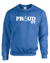 Royal blue crewneck sweatshirt. Our trademarked International Symbol of Acceptance ("wheelchair heart symbol") replaces the O in the word PROUD boldly displayed on your chest.