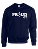 Navy crewneck sweatshirt. Our trademarked International Symbol of Acceptance ("wheelchair heart symbol") replaces the O in the word PROUD boldly displayed on your chest.