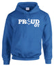 Royal blue hooded pullover. Our trademarked International Symbol of Acceptance ("wheelchair heart symbol") replaces the O in the word PROUD boldly displayed on your chest.