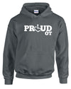 Charcoal hooded pullover. Our trademarked International Symbol of Acceptance ("wheelchair heart symbol") replaces the O in the word PROUD boldly displayed on your chest.