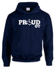 Navy hooded pullover. Our trademarked International Symbol of Acceptance ("wheelchair heart symbol") replaces the O in the word PROUD boldly displayed on your chest.
