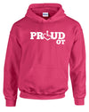 Pink hooded pullover. Our trademarked International Symbol of Acceptance ("wheelchair heart symbol") replaces the O in the word PROUD boldly displayed on your chest.