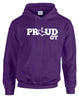 Purple hooded pullover. Our trademarked International Symbol of Acceptance ("wheelchair heart symbol") replaces the O in the word PROUD boldly displayed on your chest.