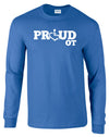 Royal blue long sleeve t-shirt. Our trademarked International Symbol of Acceptance ("wheelchair heart symbol") replaces the O in the word PROUD boldly displayed on your chest.