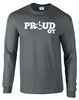 Charcoal long sleeve t-shirt. Our trademarked International Symbol of Acceptance ("wheelchair heart symbol") replaces the O in the word PROUD boldly displayed on your chest.