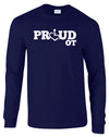 Navy long sleeve t-shirt. Our trademarked International Symbol of Acceptance ("wheelchair heart symbol") replaces the O in the word PROUD boldly displayed on your chest.