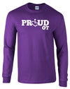 Purple long sleeve t-shirt. Our trademarked International Symbol of Acceptance ("wheelchair heart symbol") replaces the O in the word PROUD boldly displayed on your chest.