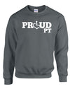 Charcoal crewneck sweatshirt. Our trademarked International Symbol of Acceptance ("wheelchair heart symbol") replaces the O in the word PROUD boldly displayed on your chest.