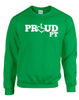 Irish green crewneck sweatshirt. Our trademarked International Symbol of Acceptance ("wheelchair heart symbol") replaces the O in the word PROUD boldly displayed on your chest.