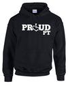 Black hooded pullover. Our trademarked International Symbol of Acceptance ("wheelchair heart symbol") replaces the O in the word PROUD boldly displayed on your chest.