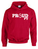 Red hooded pullover. Our trademarked International Symbol of Acceptance ("wheelchair heart symbol") replaces the O in the word PROUD boldly displayed on your chest.