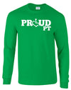Irish green long sleeve t-shirt. Our trademarked International Symbol of Acceptance ("wheelchair heart symbol") replaces the O in the word PROUD boldly displayed on your chest.