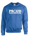 Royal blue crewneck sweatshirt. Our trademarked International Symbol of Acceptance ("wheelchair heart symbol") replaces the O in the word PROUD boldly displayed on your chest.