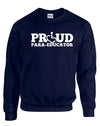 Navy crewneck sweatshirt. Our trademarked International Symbol of Acceptance ("wheelchair heart symbol") replaces the O in the word PROUD boldly displayed on your chest.