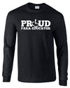 Black long sleeve t-shirt. Our trademarked International Symbol of Acceptance ("wheelchair heart symbol") replaces the O in the word PROUD boldly displayed on your chest.