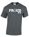 Charcoal t-shirt. Our trademarked International Symbol of Acceptance ("wheelchair heart symbol") replaces the O in the word PROUD boldly displayed on your chest.