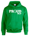 Irish green hooded pullover. Our trademarked International Symbol of Acceptance ("wheelchair heart symbol") replaces the O in the word PROUD boldly displayed on your chest.