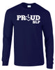 Navy long sleeve t-shirt. Our trademarked International Symbol of Acceptance ("wheelchair heart symbol") replaces the O in the word PROUD boldly displayed on your chest.