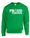 Irish green crewneck sweatshirt. Our trademarked International Symbol of Acceptance ("wheelchair heart symbol") replaces the O in the word PROUD boldly displayed on your chest.