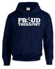 Navy hooded pullover. Our trademarked International Symbol of Acceptance ("wheelchair heart symbol") replaces the O in the word PROUD boldly displayed on your chest.