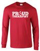 Red long sleeve t-shirt. Our trademarked International Symbol of Acceptance ("wheelchair heart symbol") replaces the O in the word PROUD boldly displayed on your chest.