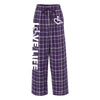 Purple sparkle flannel pajama pants that feature our trademarked International Symbol of Acceptance on the front left thigh and our "Love Life" slogan down the right pant leg.