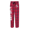 Red/white plaid flannel pajama pants that feature our trademarked International Symbol of Acceptance on the front left thigh and our "Love Life" slogan down the right pant leg.